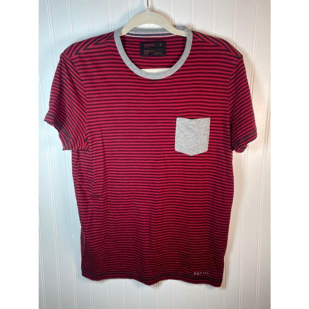 Men's Express Red and Black Striped T-Shirt Size M
